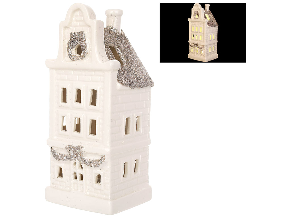 Керамічний Дім з LED підсвічуванням, 6,8x5,7x15,7см, колір - білий з гліттером шампань