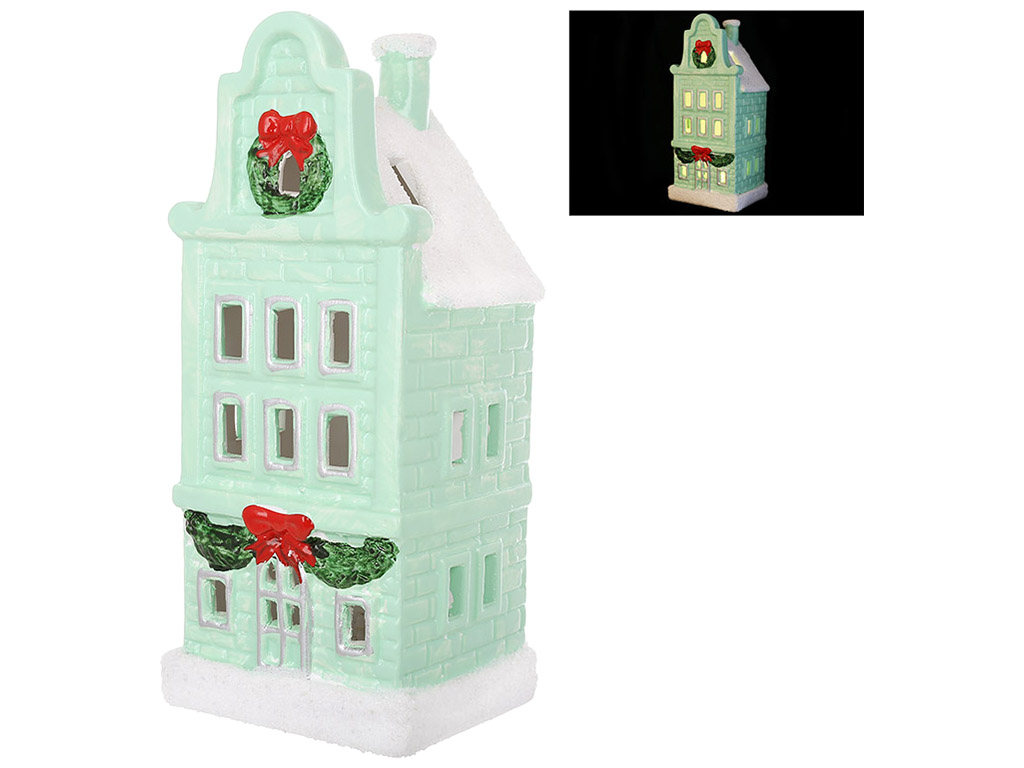 Керамический Дом с LED подсветкой и белой присыпкой, 9,3x8,3x22см, цвет - светло зеленый