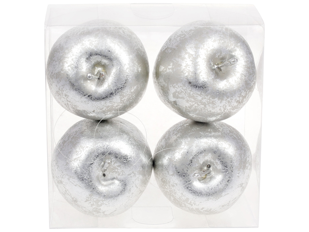 Набор подвесных декоративных Яблок, 8,5см, цвет - серебро (цена за набор 4шт)