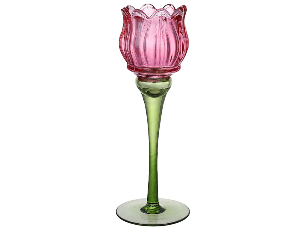 Подсвечник стеклянный Тюльпан, 27см, цвет - ярко-розовый с зеленым