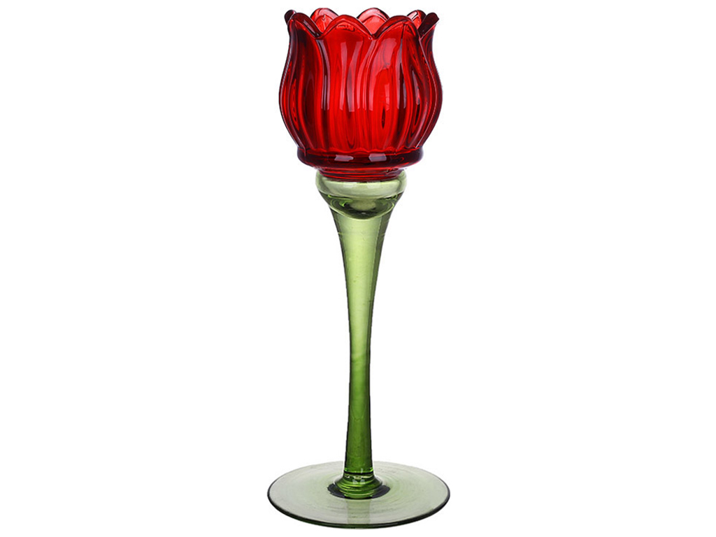 Подсвечник стеклянный Тюльпан, 27см, цвет - красный с зеленым