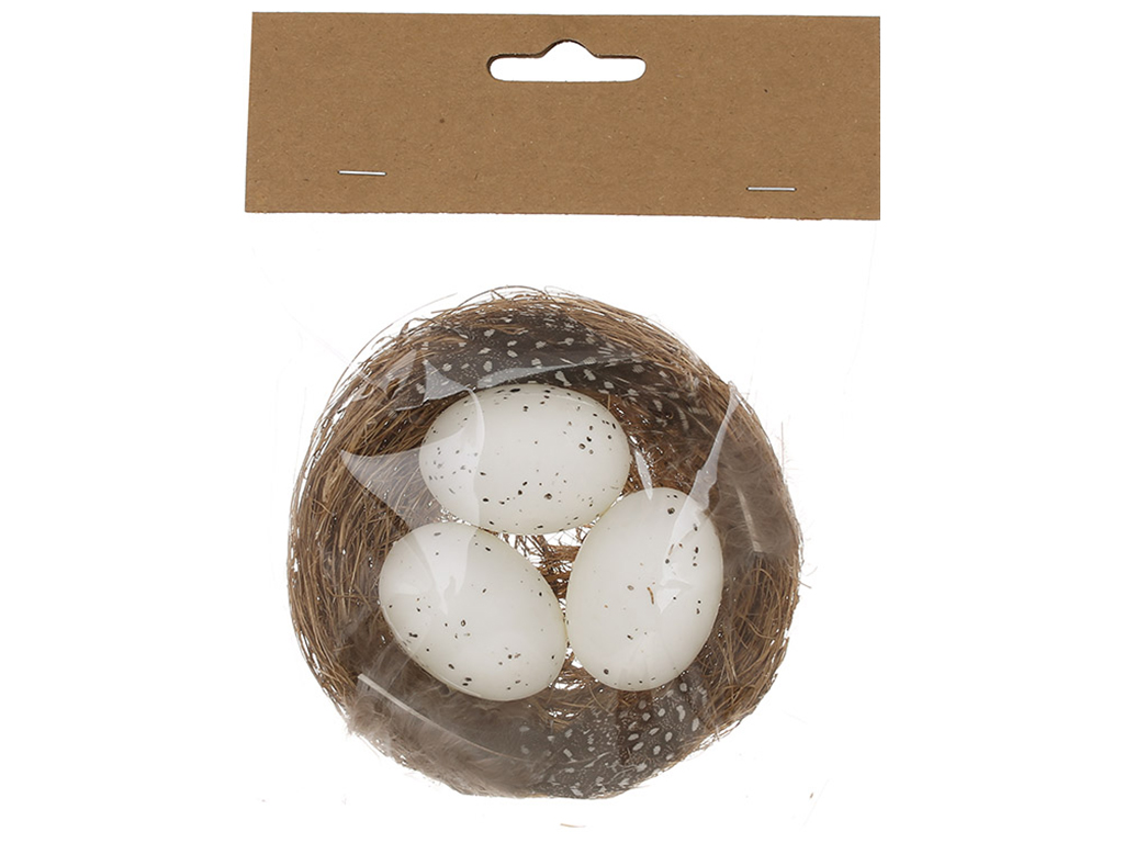 Пасхальный декор Гнездо с яйцами, 9,5х3,5см, цвет - коричневый с белым