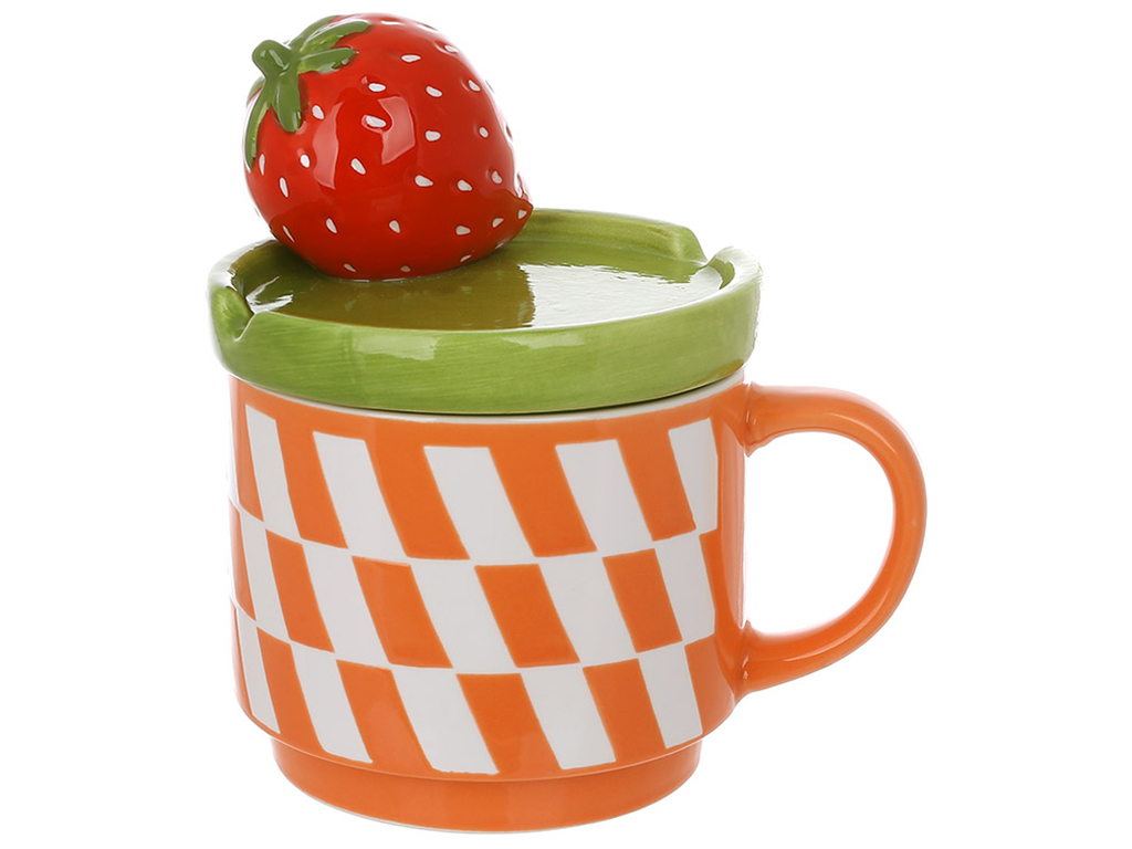 Чашка фарфоровая Клубника с крышкой, 450мл