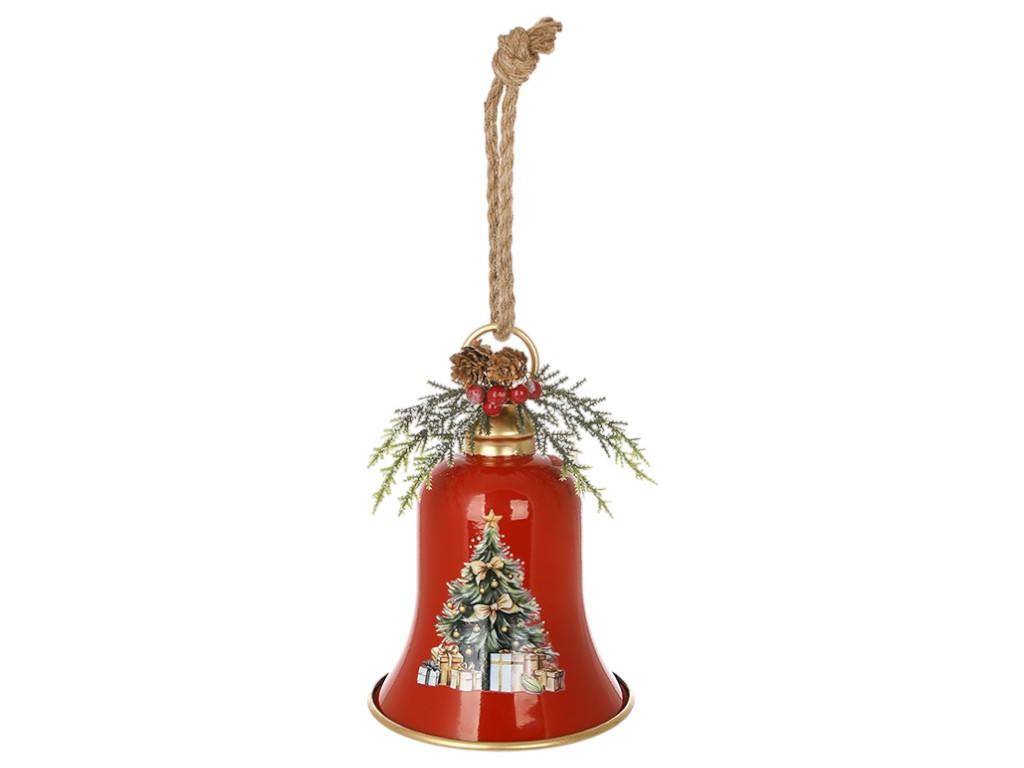 Подвеска металлическая Christmas bell с декором из хвои, 15,5×22,5см, цвет красный
