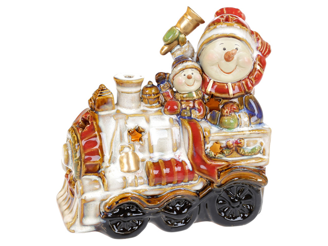 Декоративная керамическая статуэтка Снеговики на паровозе с LED подсветкой, 18см