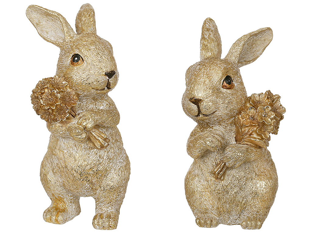 Декоративная статуэтка Кролик с букетом, 9,5х8,5х17,5см, 2 дизайна, цвет - золотистый (цена за 1шт)