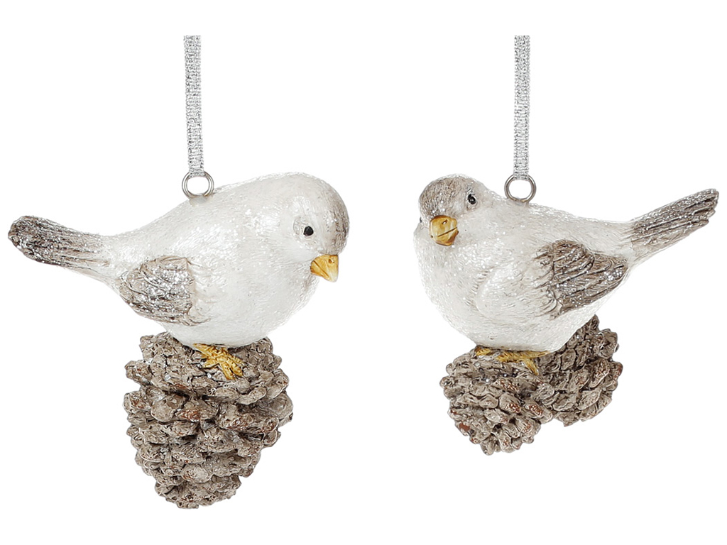 Декоративная подвесная фигурка Птичка на шишке, 10,5см, 2 вида, цвет - белый с коричневым