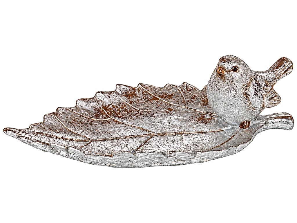 Блюдо декоративное Лист с фигуркой птицы, серебристое, 21,5×12×6,5 см