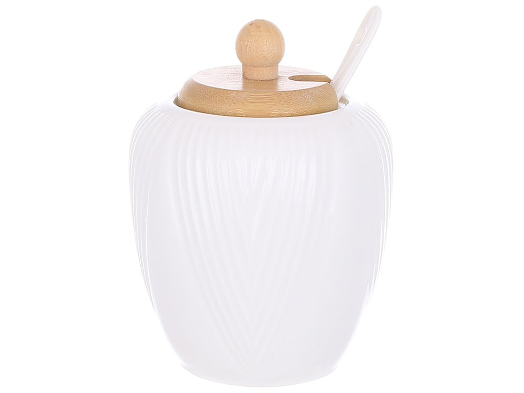 Сахарница фарфоровая с ложкой и бамбуковой крышкой Grace D8.5*12см 289-408