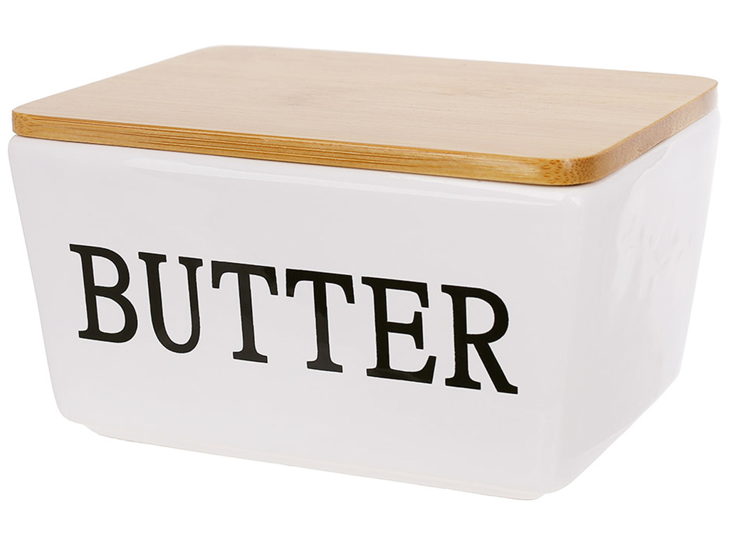 Маслянка керамічна Butter з бамбуковою кришкою, 13,8х10,2х7,8см, колір - глянцевий білий