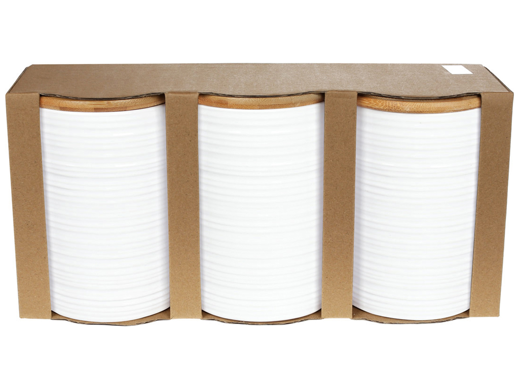 Набор (3шт) керамических банок с бамбуковыми крышками с объемным рисунком, 650мл, цвет - белый