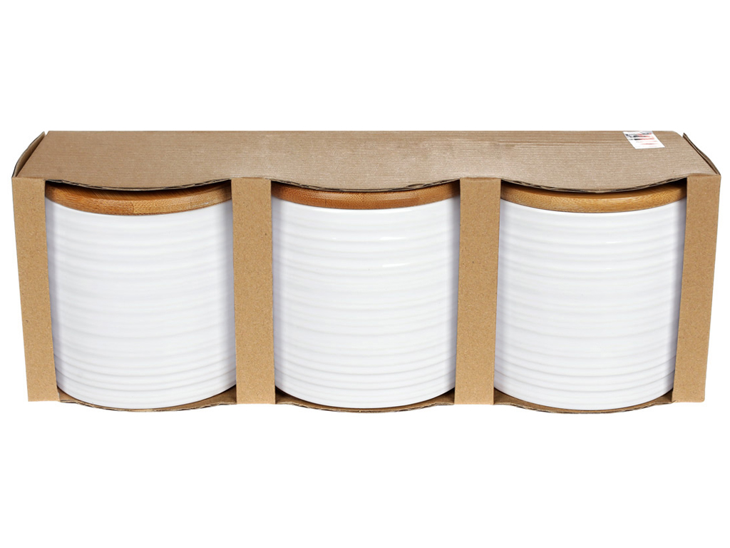 Набір (3шт) керамічних банок з бамбуковими кришками з об'ємним малюнком Лінії, 430мл, колір - білий