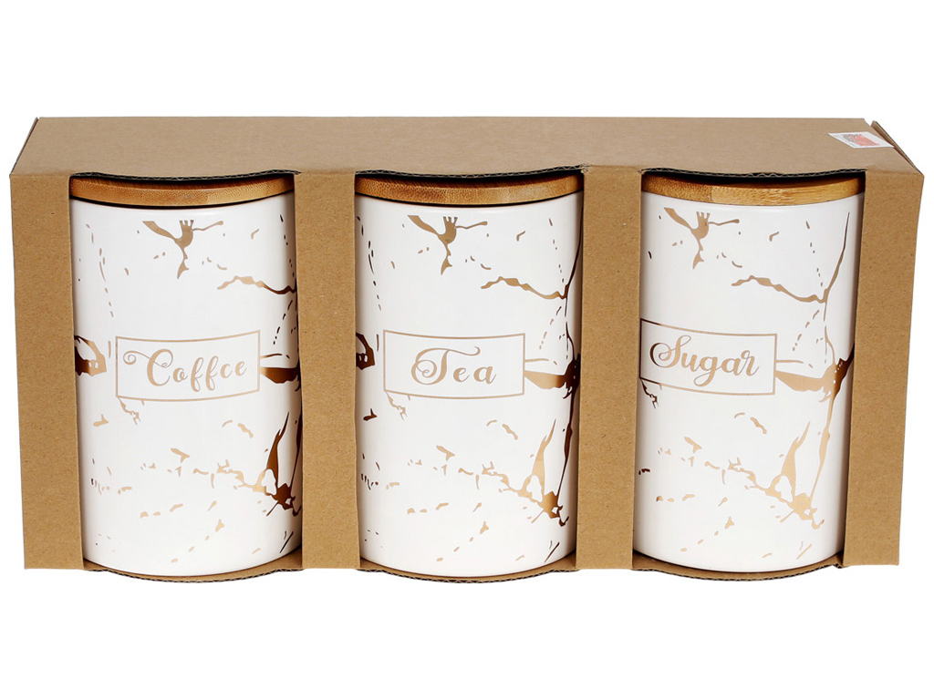 Набір (3шт) керамічних банок з бамбуковими кришками Sugar, Tea, Coffee, 650мл, білий матовий із золо