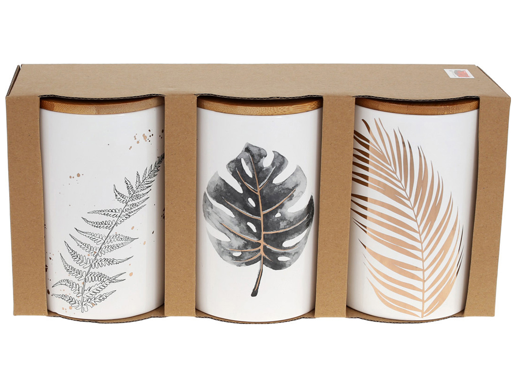 Набір (3шт) керамічних банок з бамбуковими кришками Гаваї, 650мл, колір - білий із золотом