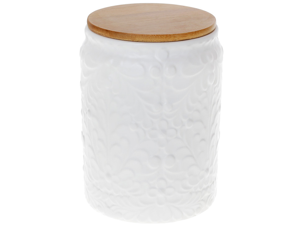 Банка з бамбуковою кришкою та рельєфним візерунком, колір - матовий білий, 1,1л