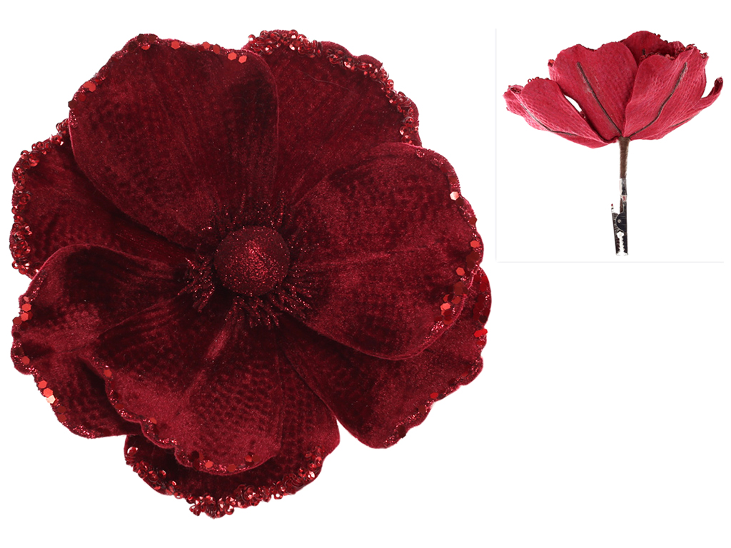 Декоративный цветок Магнолия, 17см, на клипсе, цвет – бургунди