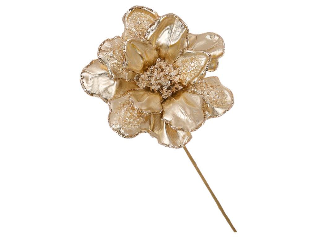 Цветок декоративный Магнолия с бусинами и кристаллами, полиэстер, проволока, 23см, цвет шампань