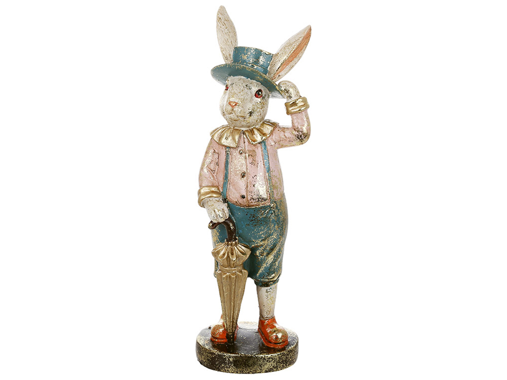 Декоративная статуэтка Кролик в шляпе с зонтом, с золотой поталью, 9,5х8,5х31см