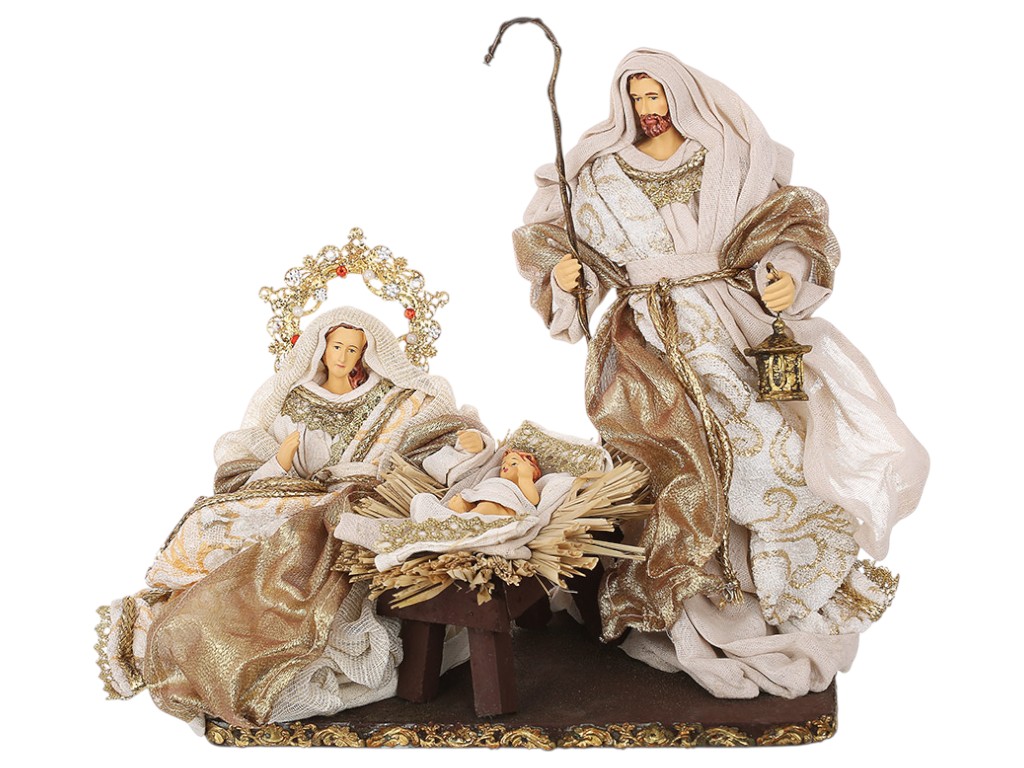 Вертеп Різдвяний, 3 фігури на підставці, 35×18×28см, колір біло-золотий з акцентами шампань