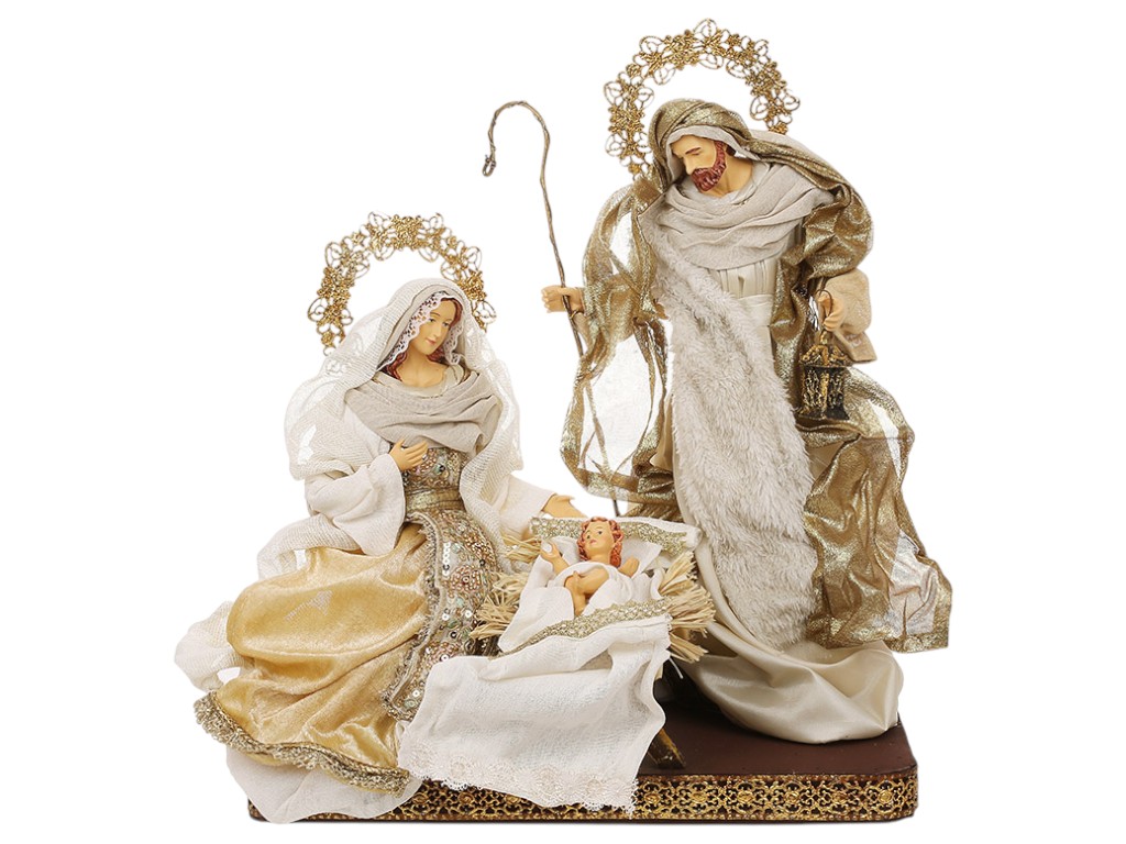 Вертеп Рождественский, 3 фигуры на подставке, 43×28×45см, цвет бело-золотой с акцентами шампань