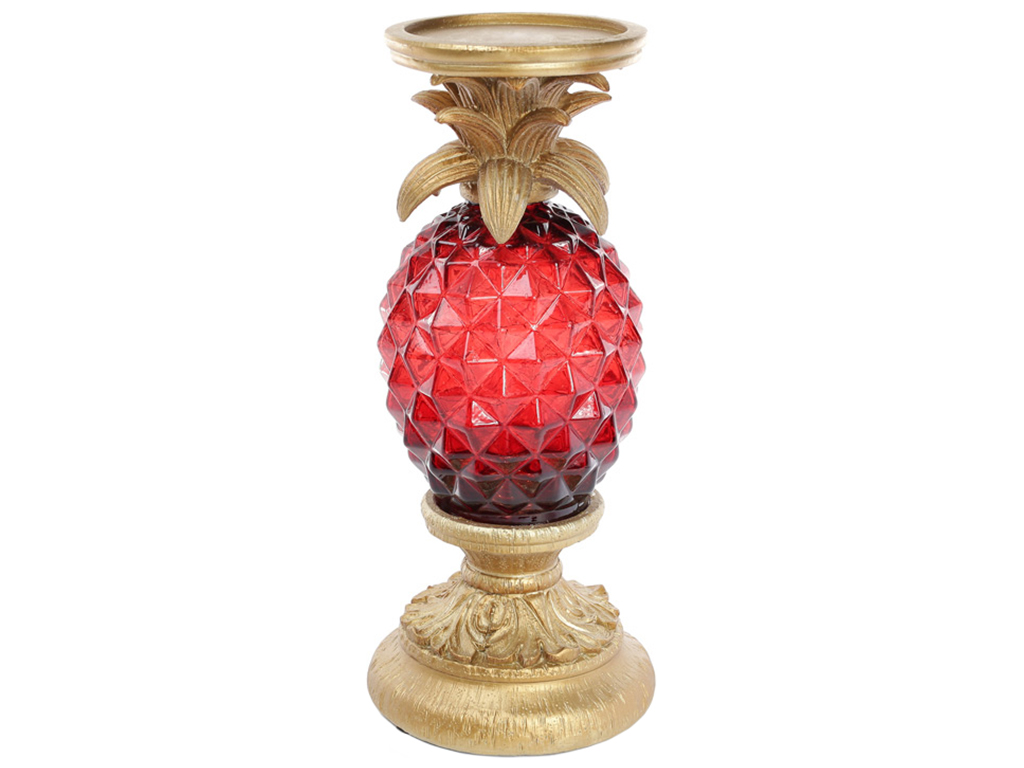 Подсвечник со стеклянной вставкой и LED подсветкой Ананас, 32,5см, цвет - красный, золото
