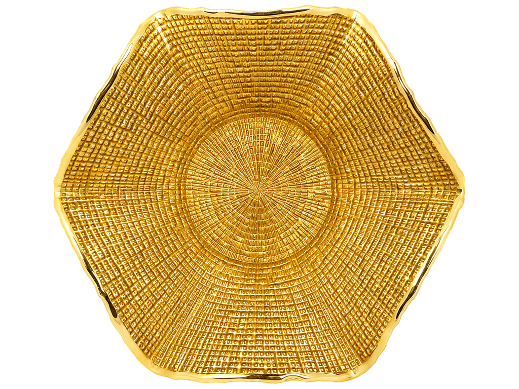 Фруктовниця скляна Gold, фактурна, хвилястий край, золотиста, 27,5×7 см