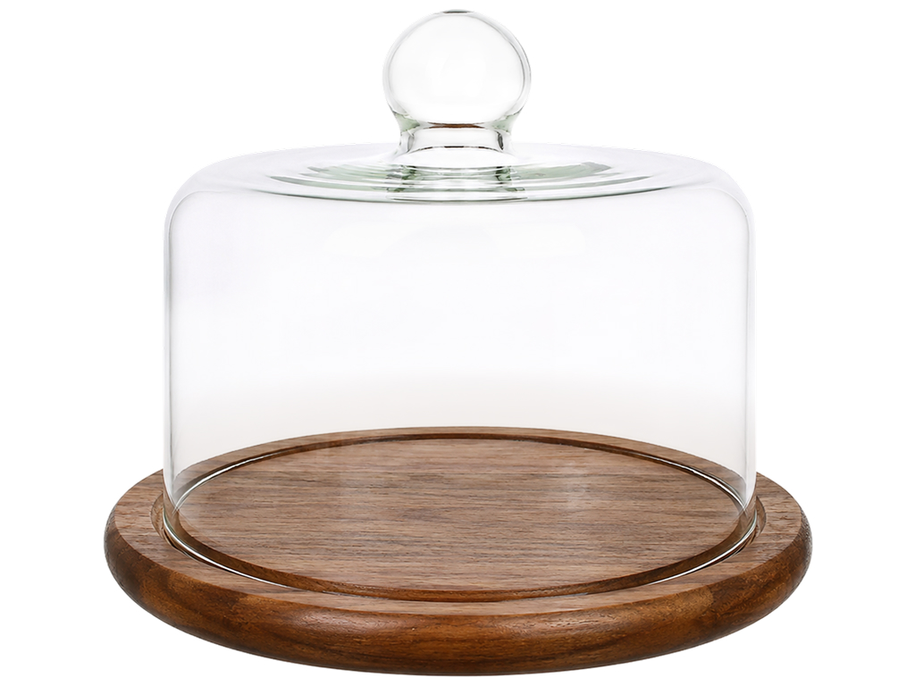 Підставка для торта та тістечок з кришкою, акація, скло, 21×16 см