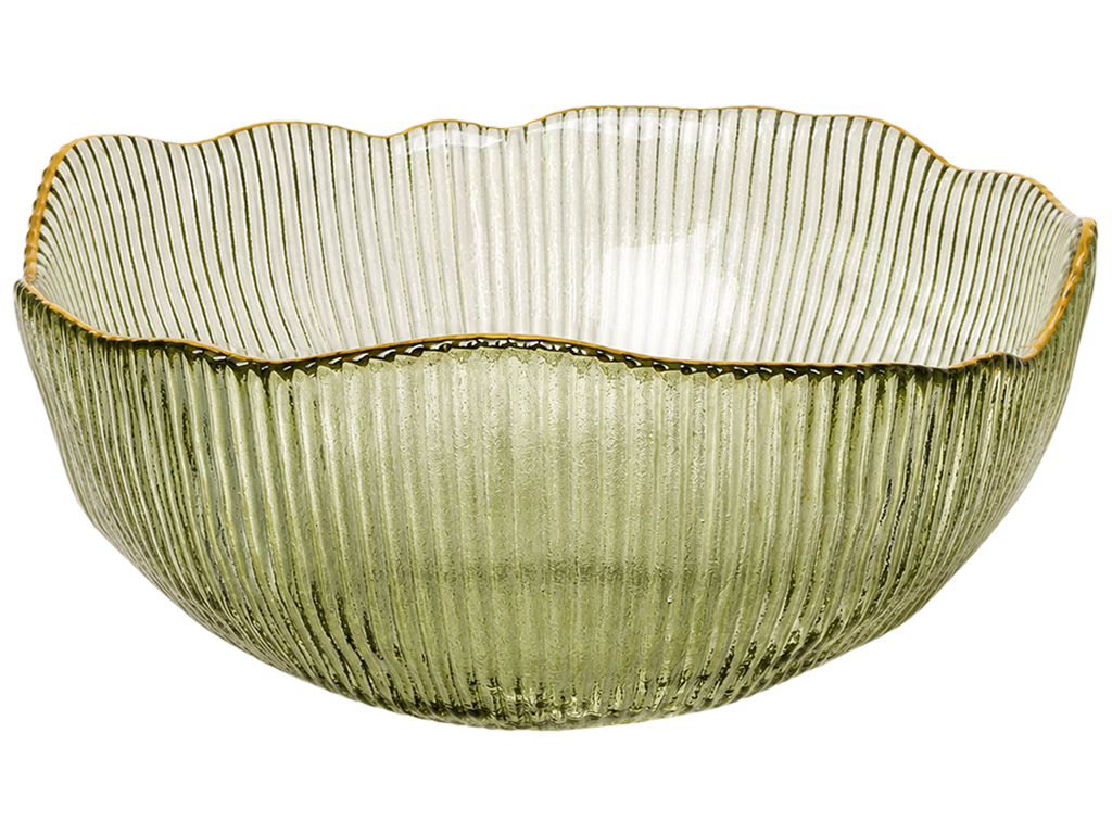 Салатник скляний, фактурна, з хвилястим краєм, оливково-зелена, D20 × 9 см