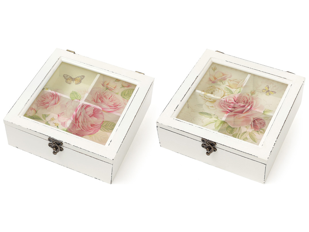 Коробка для чаю Квіти, зі скляною кришкою, колір - зістарений білий