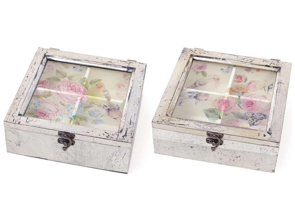 Коробка для чая Птицы, со стеклянной крышкой, цвет - серебро