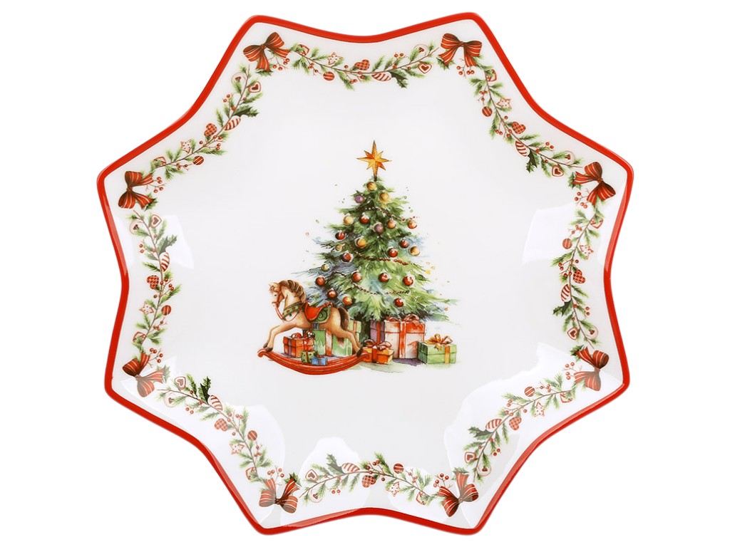 Тарелка сервировочная Рождественская елка, фарфор, 25×25×3см, цвет белый с красным