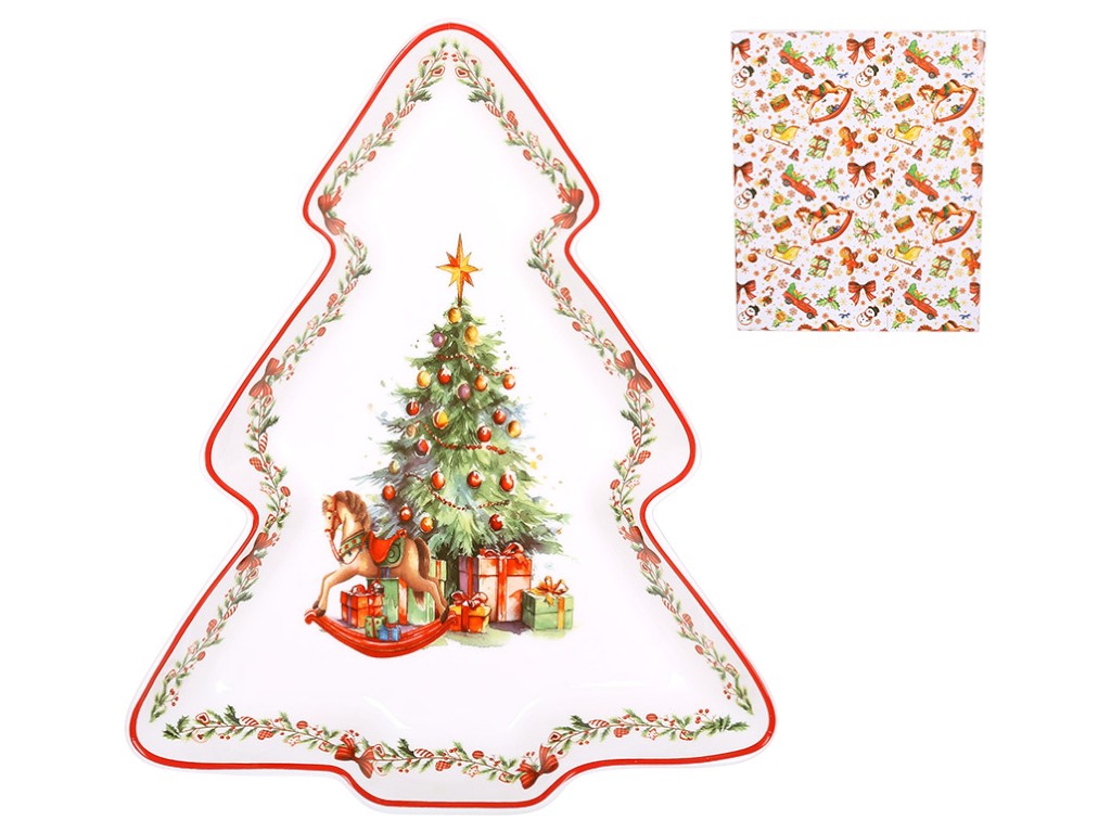 Блюдо фарфоровое в форме елки Рождественская елка, 30,5х25,5х4,5см, цвет белый с красным