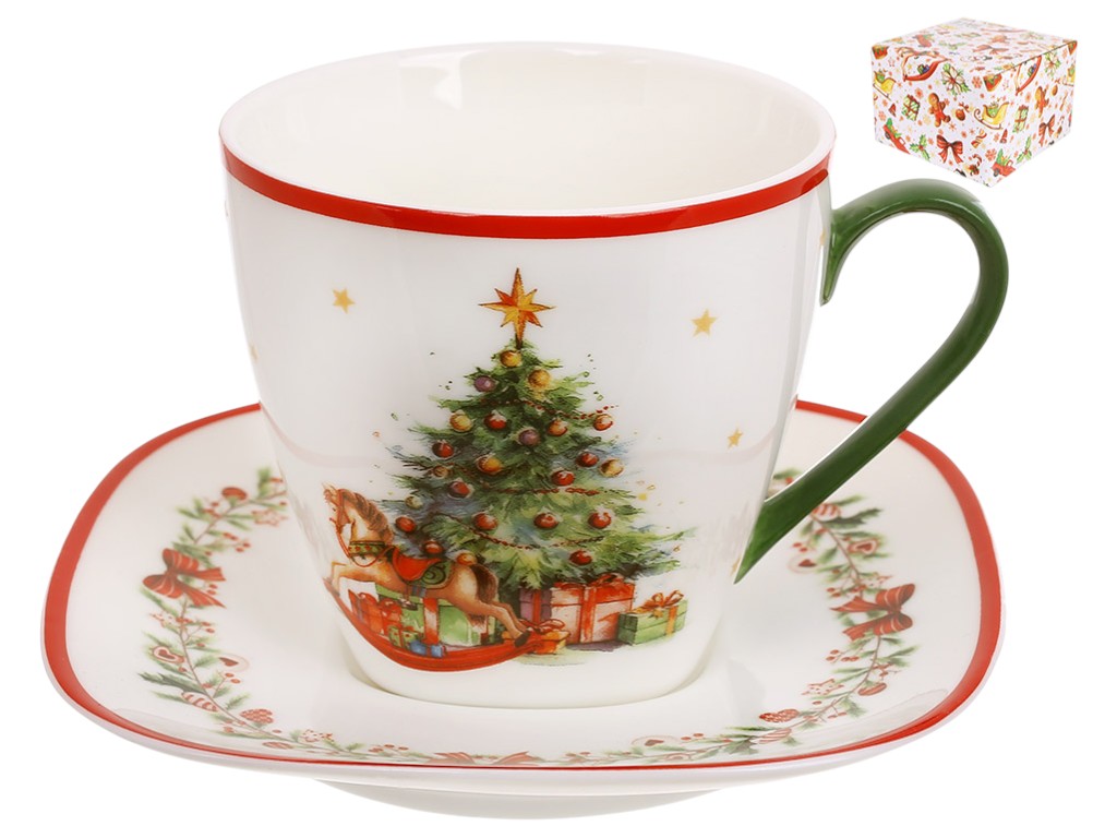 Чашка с блюдцем Рождественская елка, фарфор, 220мл, 13,5х1,8см, цвет белый с красным (цена за 2пред)