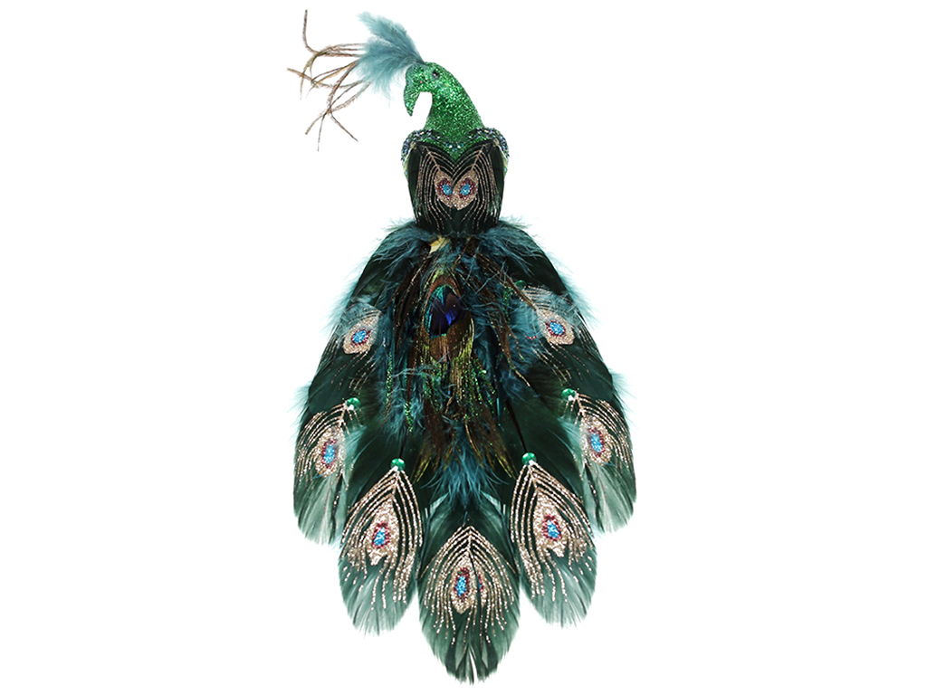 Декоративний Павич на кліпсі, 32см, колір - смарагдовий зелений