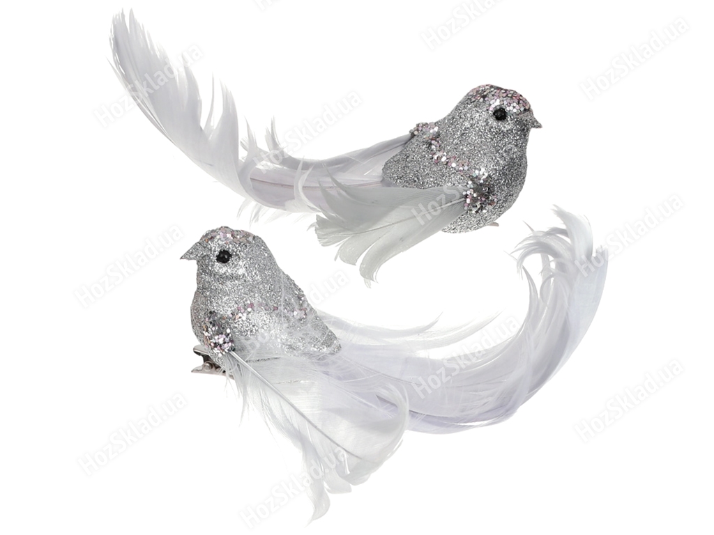 Декоративная птица на клипсе, 12,5см, 2 дизайна, цвет - серебро