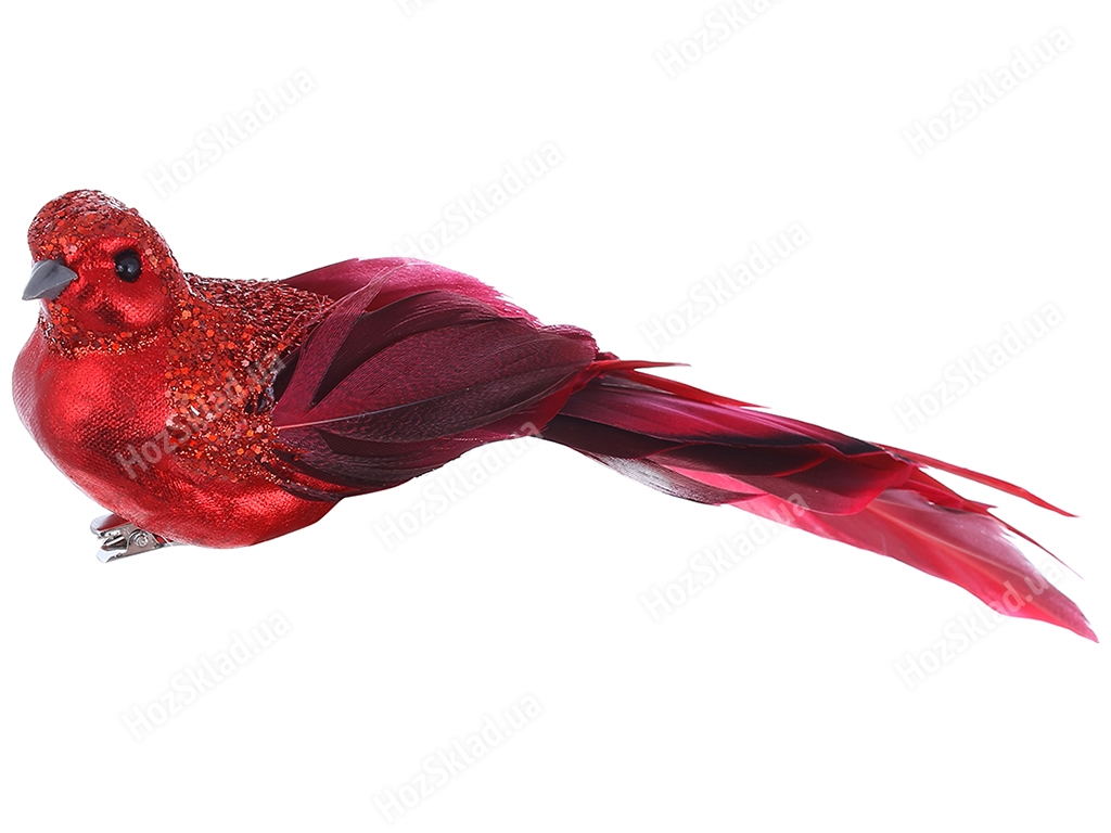 Декоративний птах на кліпсі, 21см, колір - червоний
