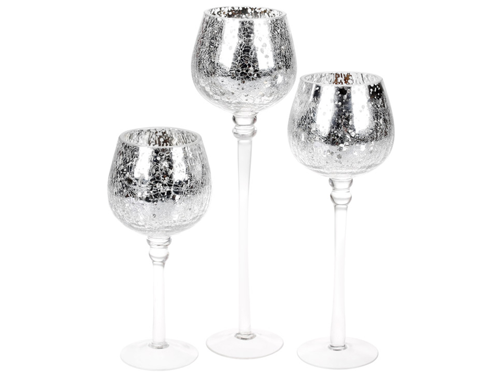 Набор подсвечников с эффектом битого стекла, 20/25/30см, цвет - серебро (цена за набор 3шт)