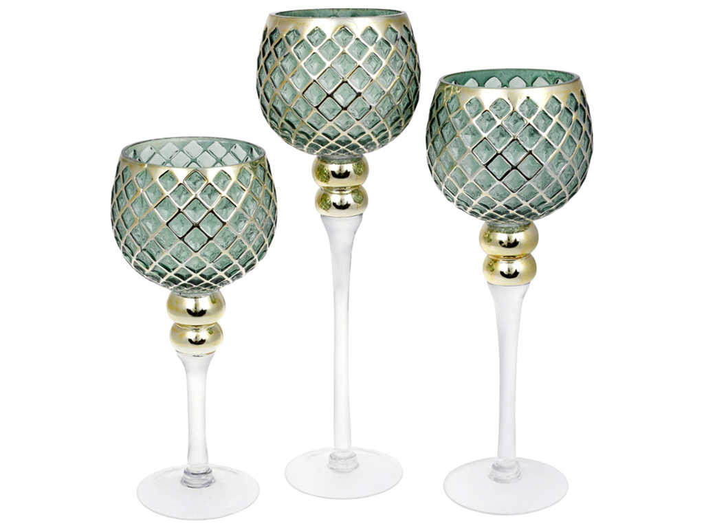 Набор стеклянных подсвечников, 30/35/40см (цена за набор 3шт) цвет - зеленый с с золотым узором