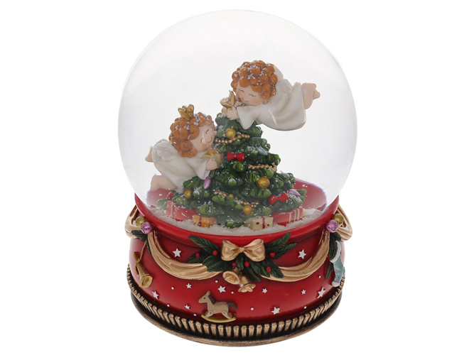 Стеклянный шар с водой Ангелочки с ёлкой с музыкой на заводном механизме, 20,5см