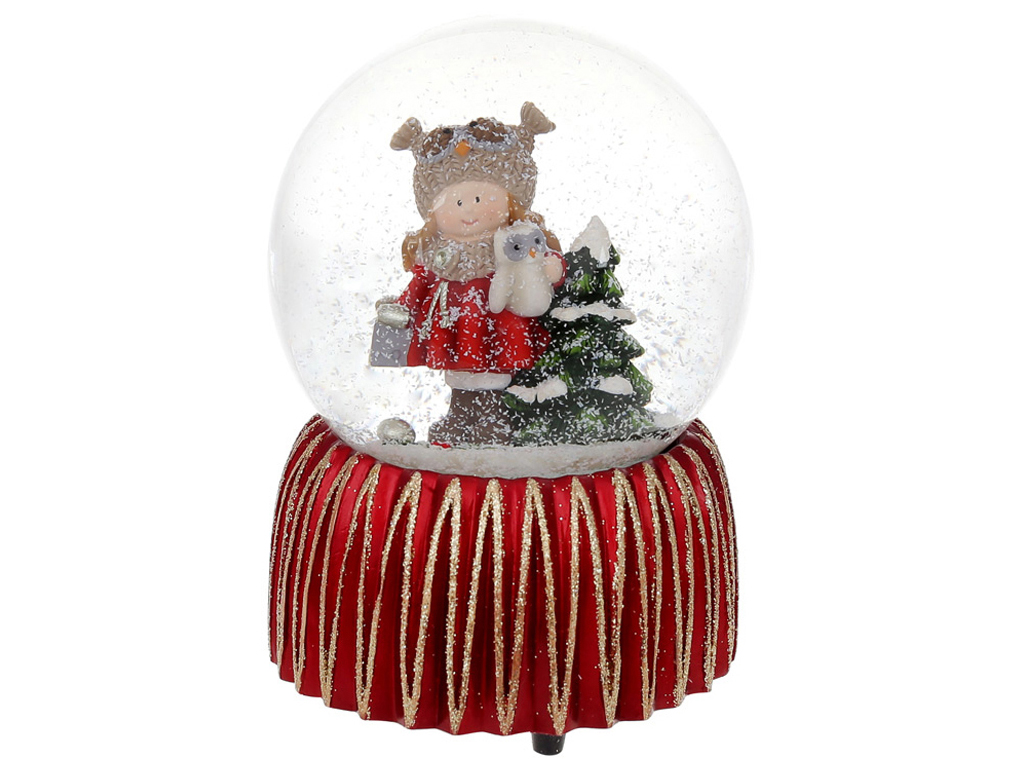 Скляна куля з водою Дівчинка з совою, з музикою, на заводному механізмі, 14,5см, колір - червоний