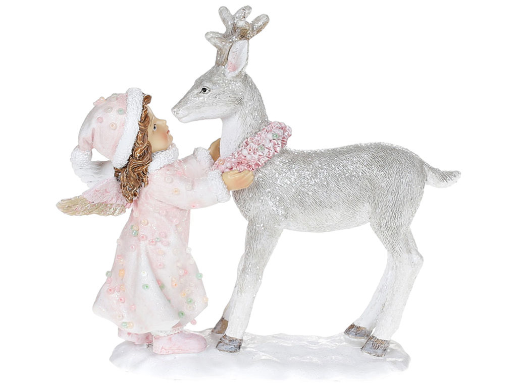 Декоративная статуэтка Ангел с Оленёнком, 14,5см, цвет – бело-розовый