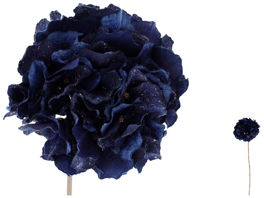 Премиальная бархатная Гортензия с глиттером на ноге, цвет - королевский синий, 62см
