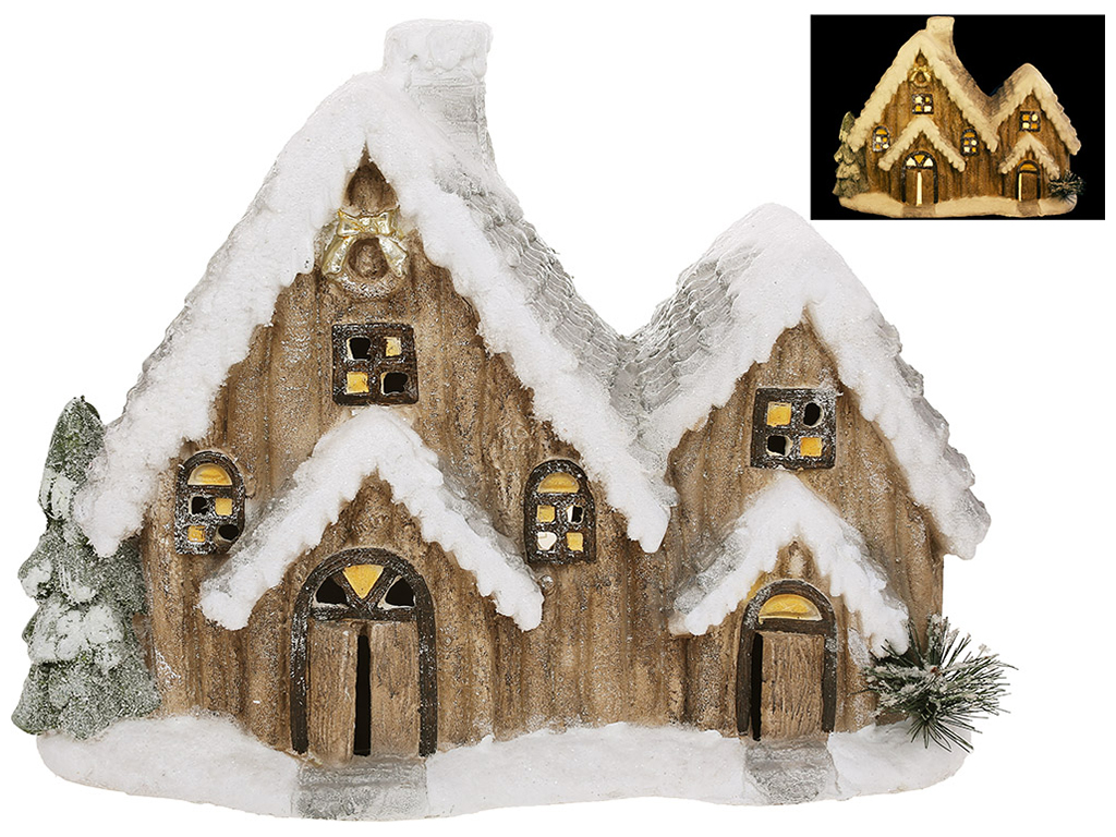 Декоративная фигура Дом с белым снегом с LED подсветкой, 49х19,8х37,5см, цвет коричневый с серебром