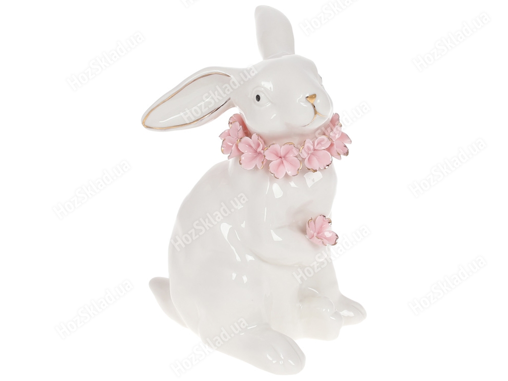 Декоративна фігурка Зайчик у квітковому намисті, 17см, колір - білий глянець