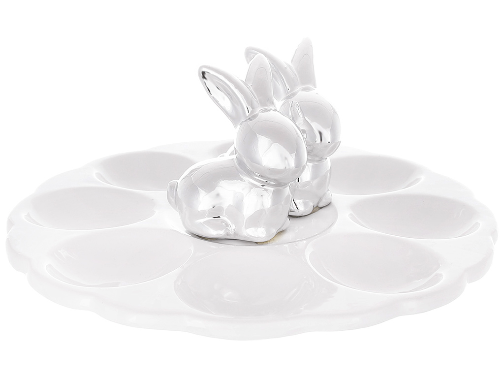 Подставка для 8ми яиц фарфоровая белая с парой серебряных кроликов, D20x8см