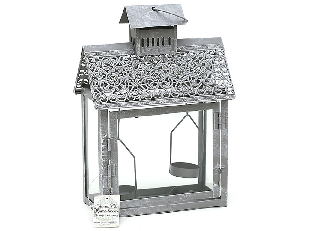 Ліхтарик на 2 свічки у формі будиночка, 28см, колір - сірий