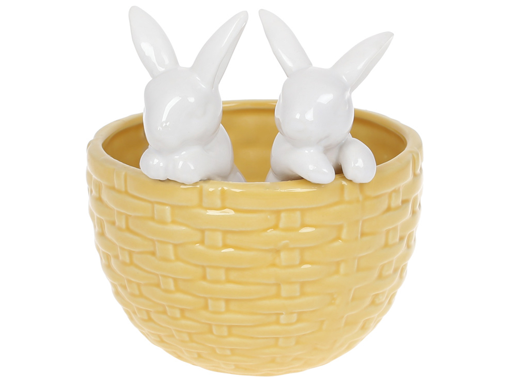 Кашпо Кролики в корзине, 15см, цвет - желтый с белым