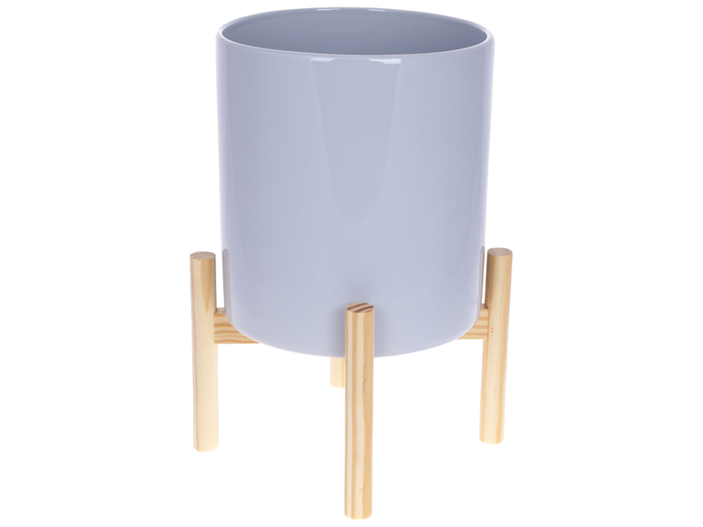 Кашпо керамическое Флора на бамбуковой подставке, 37см, цвет - серый глянец