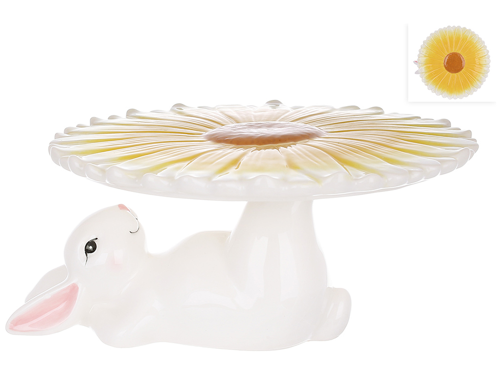 Подставка для кулича/торта керамическая Кролик с цветком, D22,8x12см, цвет - белый с желтым