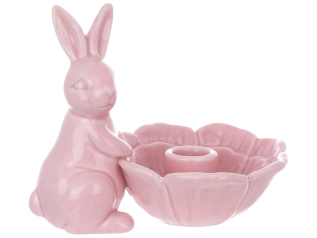 Подсвечник керамический Кролик с цветком, 13см, цвет розовый